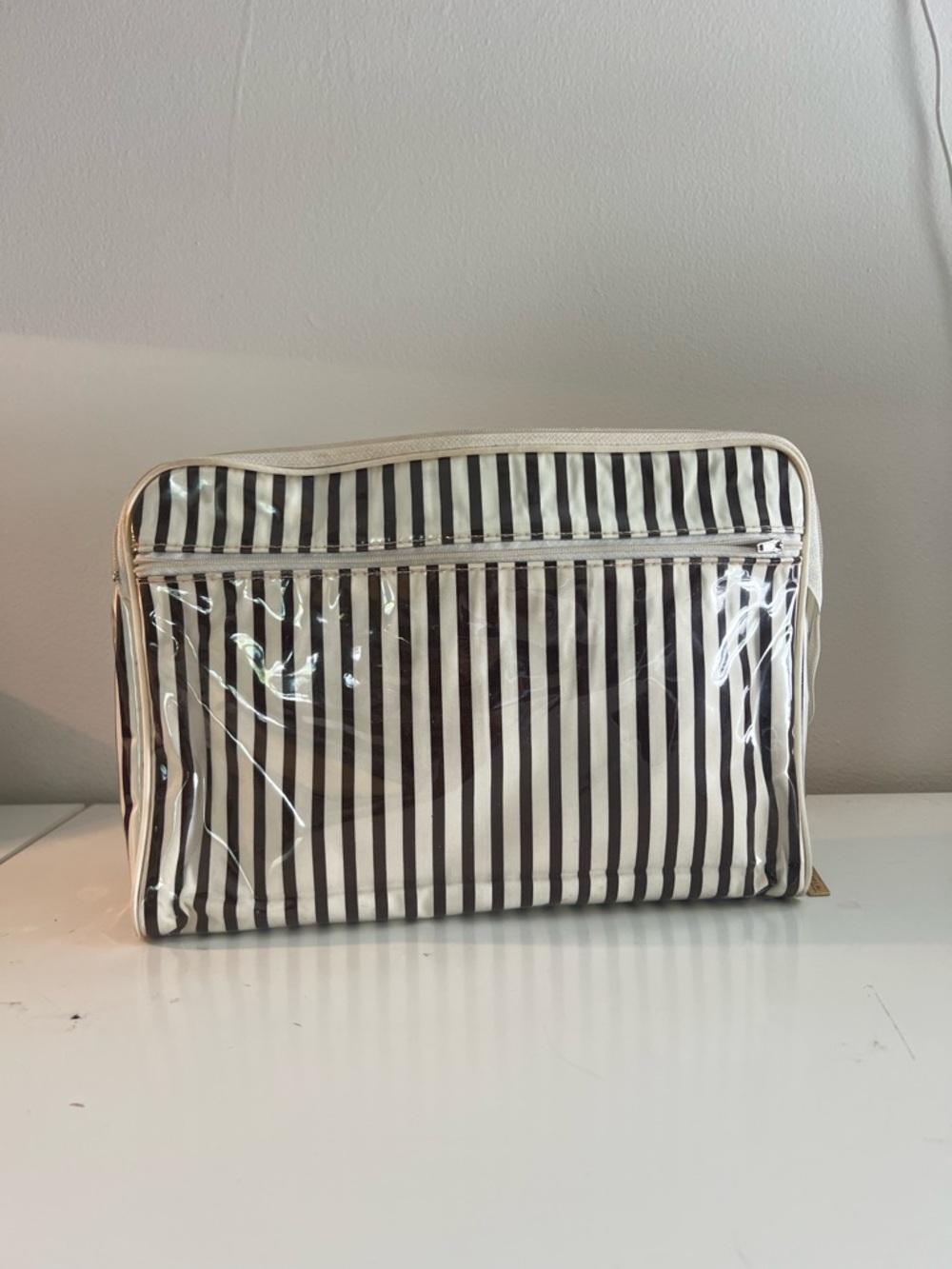Henri Bendel 3pc Brown and White Striped Clear Cosmetic Bag